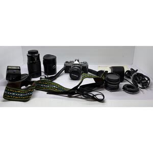 Olympus OM-1 SLR 35mm Film Camera + Lenses Battery Inspected Meter Works Silver